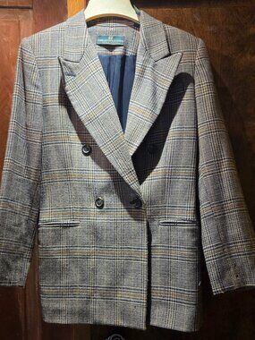double-breasted plaid blazer with Prince of Wales check pattern